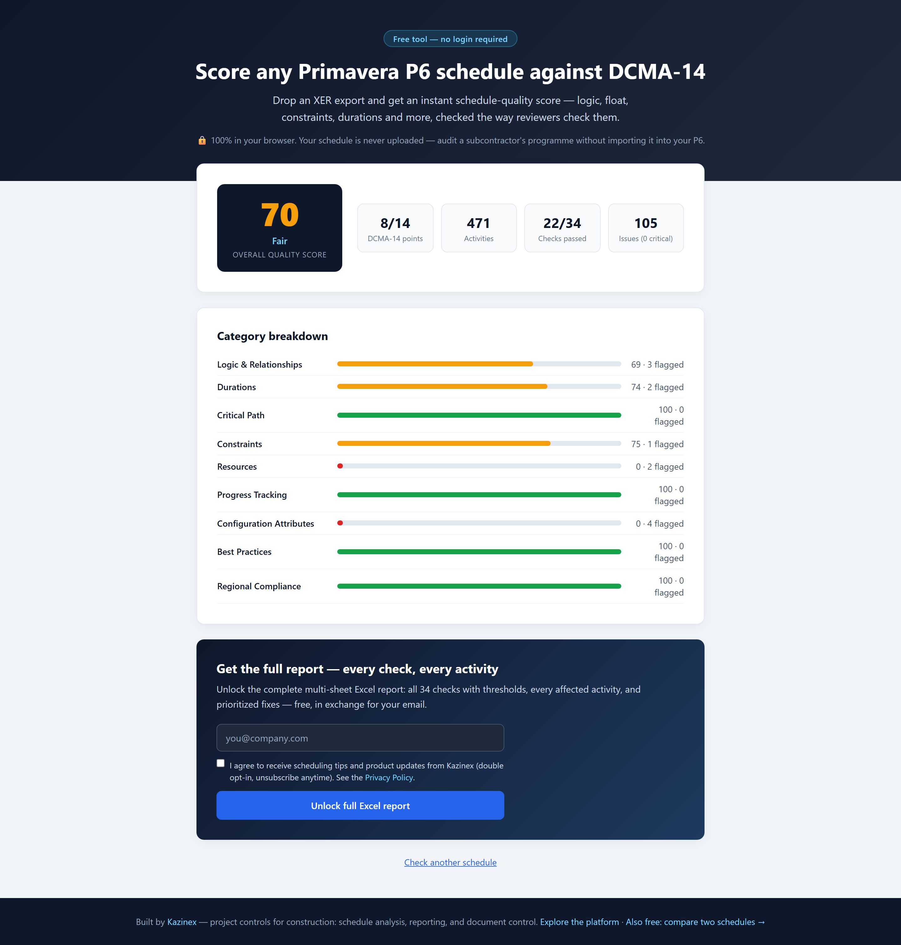 Kazinex free XER Quality Checker — DCMA-14 score in the browser