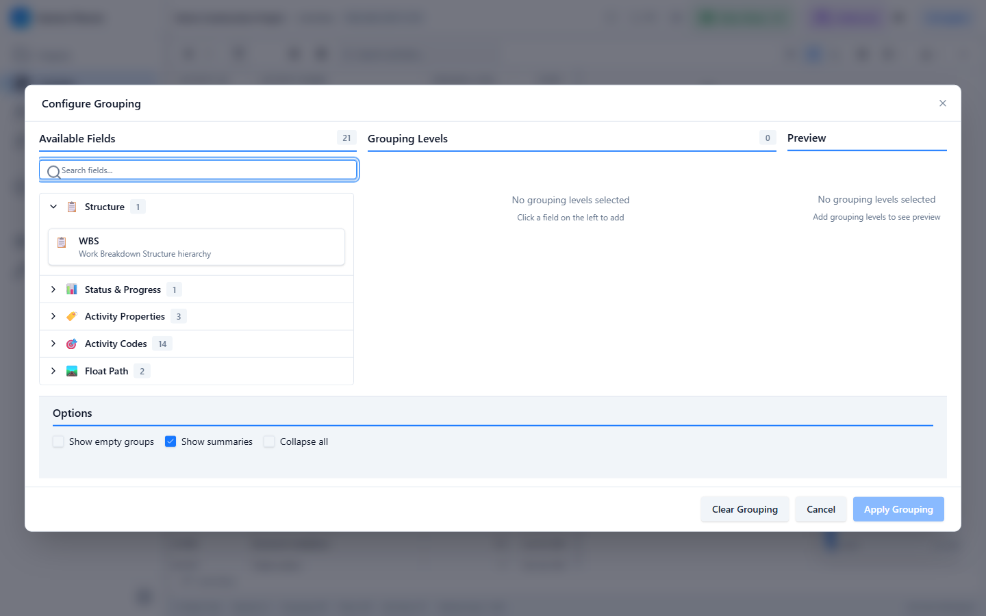 Grouping dialog β group activities by WBS, codes, or fields