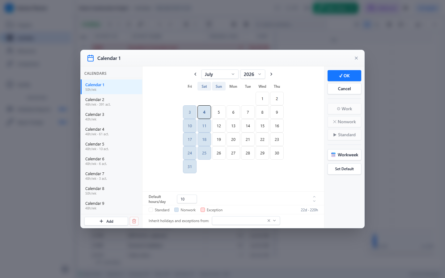 Calendar Editor — working calendars with holidays and exceptions
