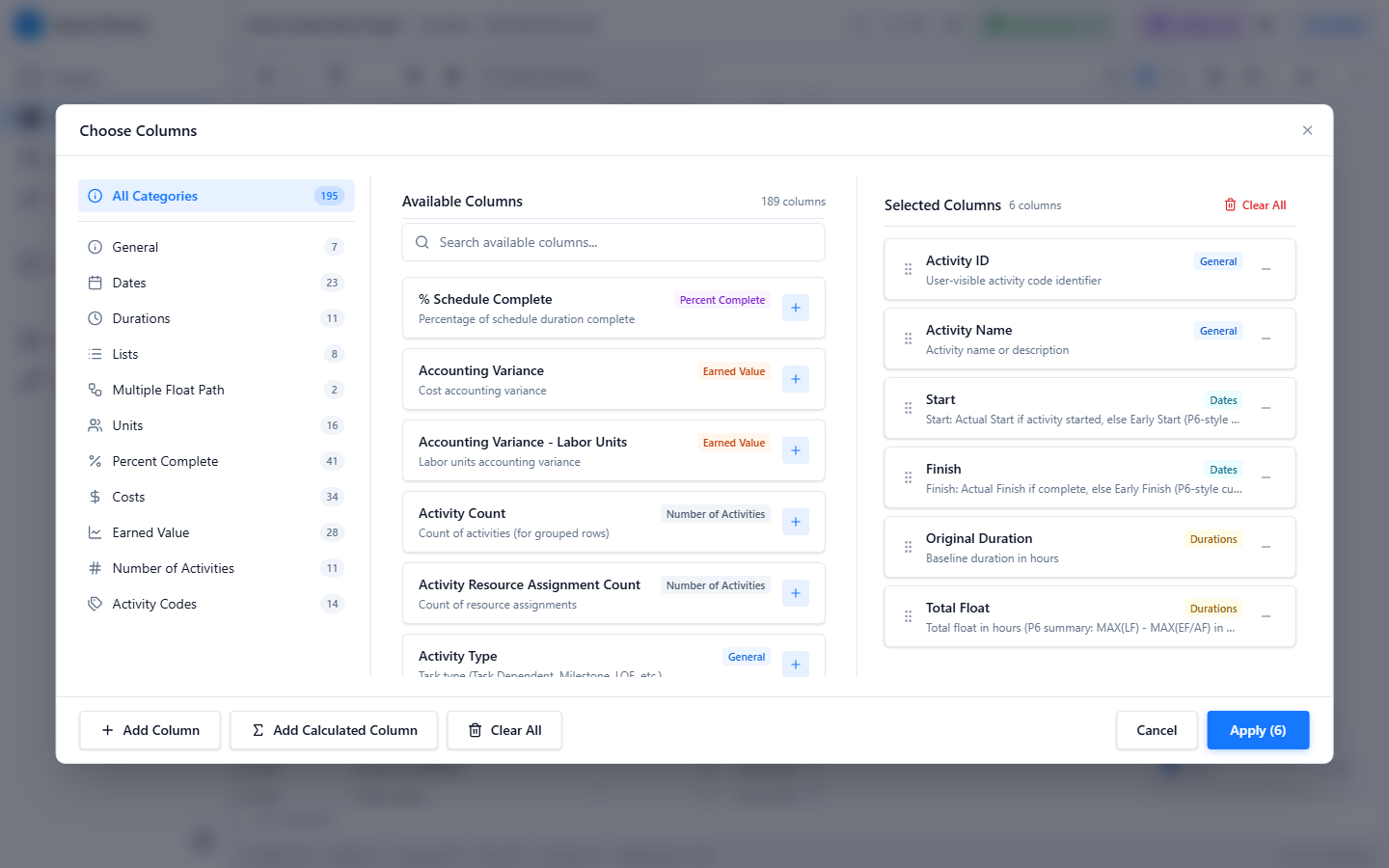 Choose Columns — categorized column picker