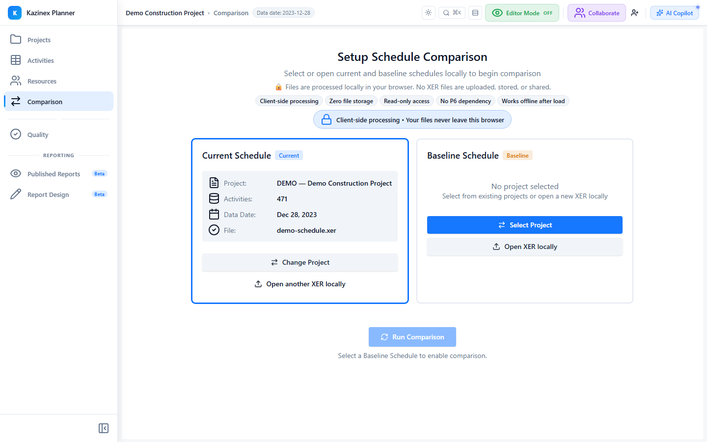 Schedule comparison setup — client-side current vs baseline