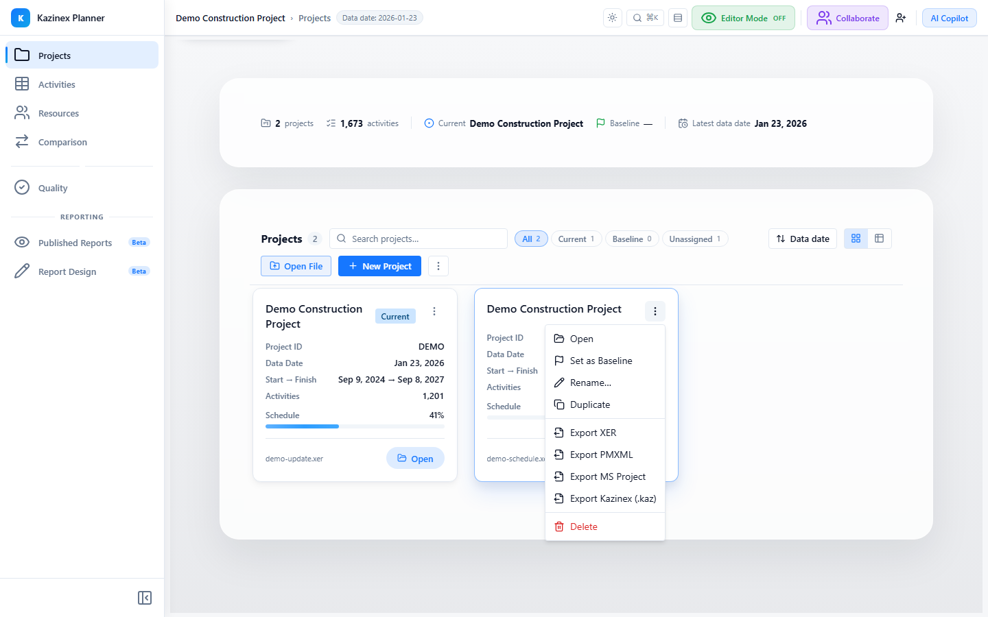 Project card actions menu — Set as Baseline