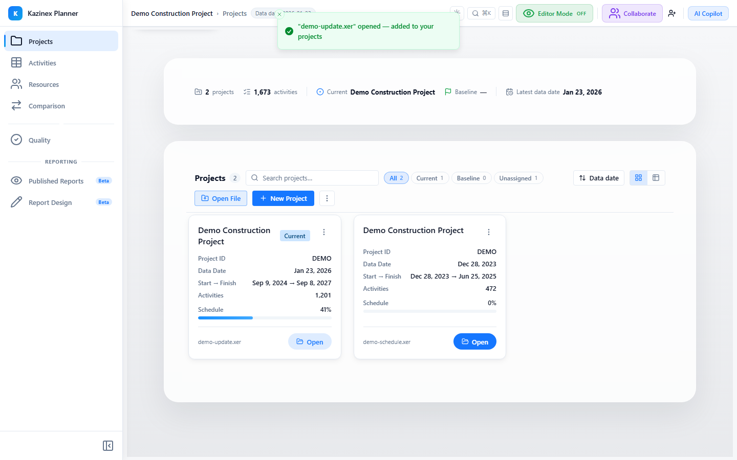 Projects tab summary bar โ aggregate stats across all loaded projects