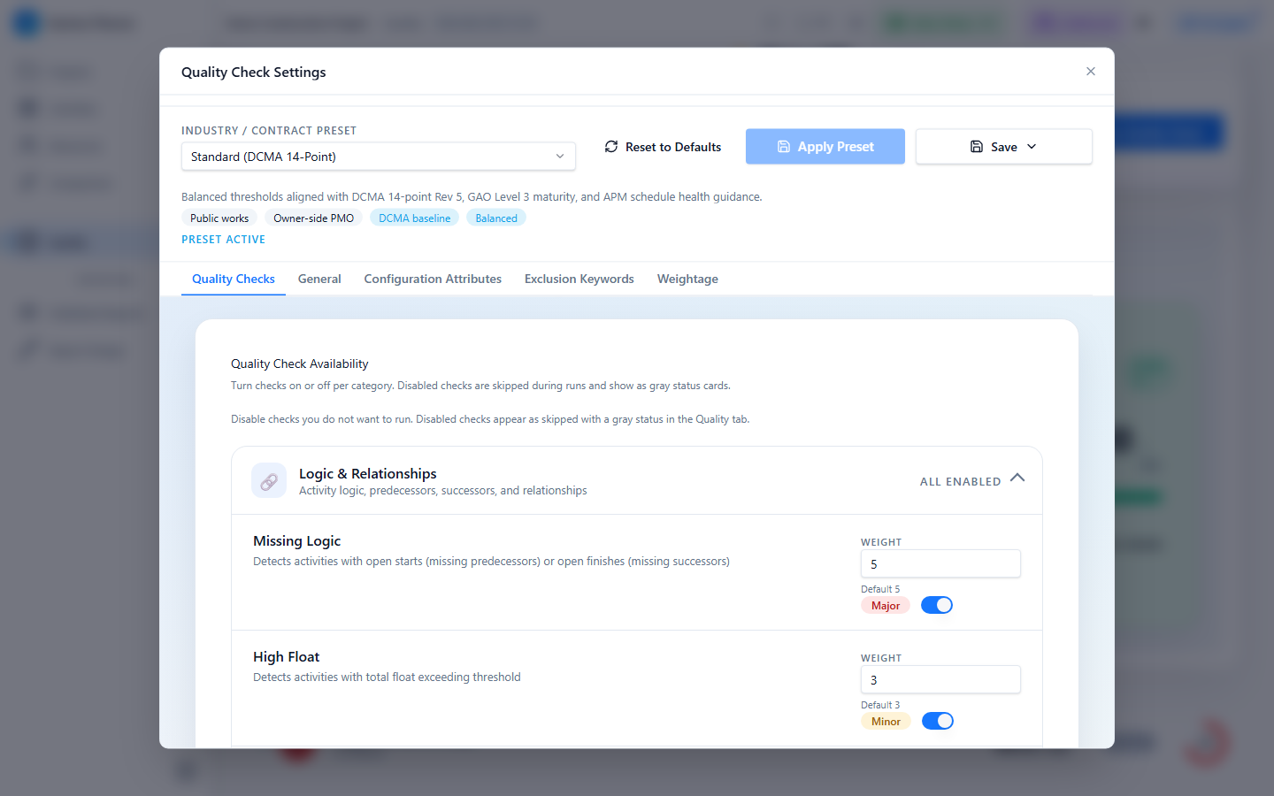 Quality settings โ configure check thresholds and standards