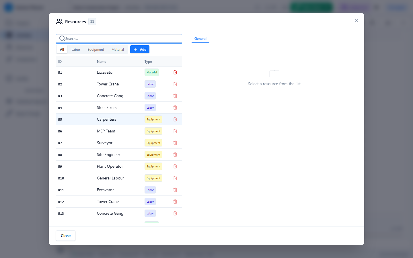 Resource Editor โ Labor, Equipment, and Material resources